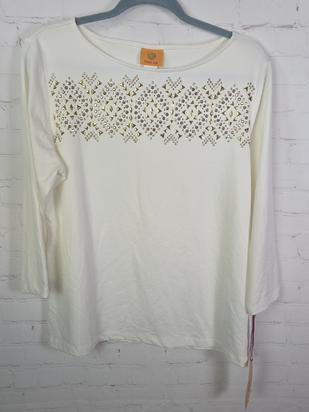 Ruby Rd. Large Cream 3/4 Sleeve Top with Gold Stud Detail, NWT